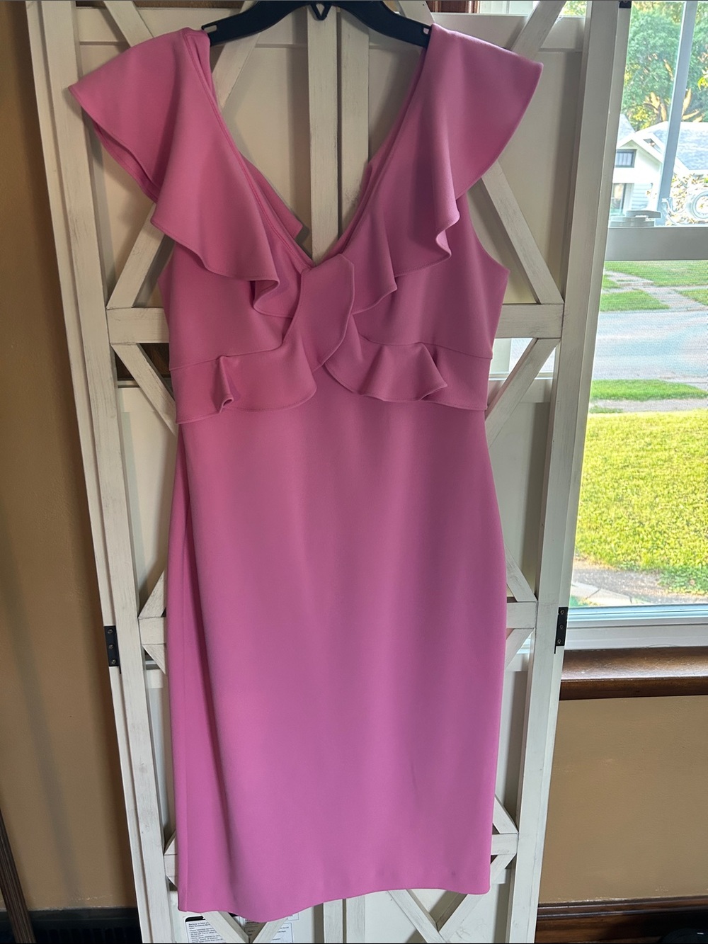 ANTONIO MELANI Pink Ruffle V-Neck Midi Dress sz L